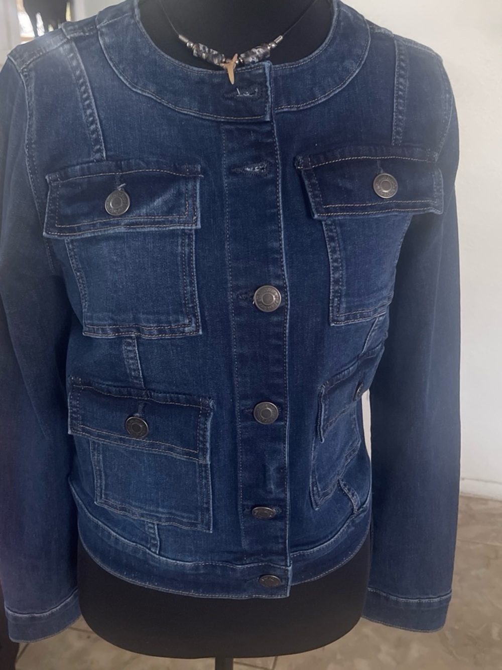 Cargo Dark  Blue Denim Jacket - Women's Button-Front